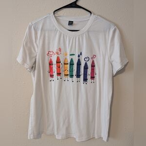 SHEIN White Tee with Colorful Crayon Design - Teacher T-shirt